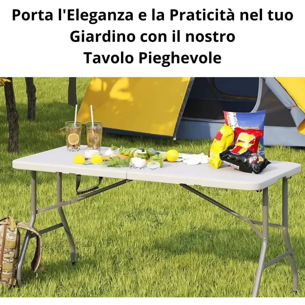 Tavolo Pieghevole Rettangolare, 180x75x74 cm in HDPE, Tavolo Valigetta Salvaspazio da Giardino, Campeggio, Picnic, Fiera e Mercato, Richiudibile in Dura Resina