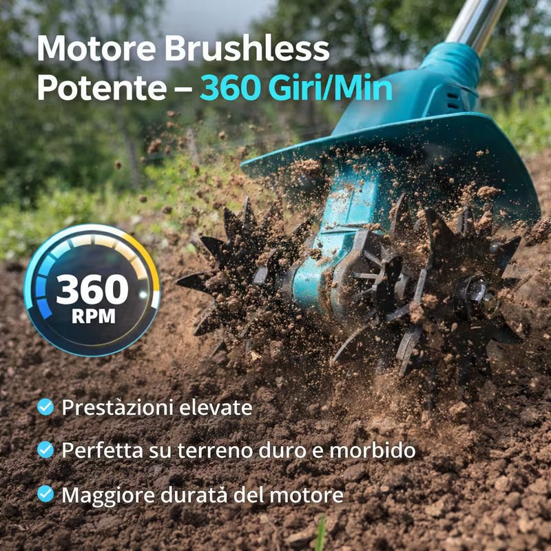 Motozappa Elettrica 48V Senza Fili  Potente, Leggera e Facile da Usare, 2 Batterie Incluse.