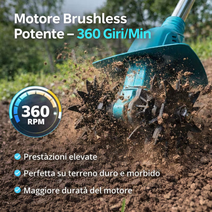 Motozappa Elettrica 48V Senza Fili  Potente, Leggera e Facile da Usare, 2 Batterie Incluse.