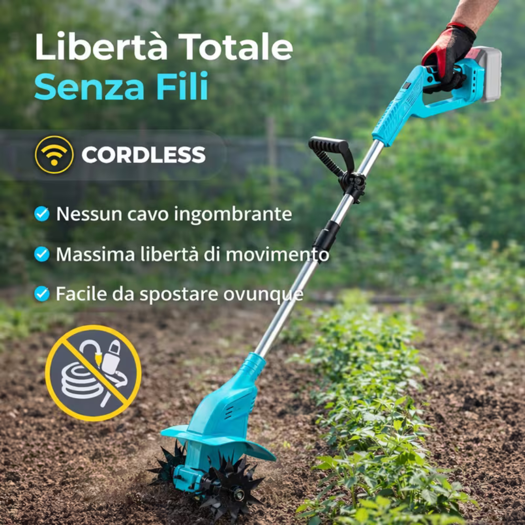 Motozappa Elettrica 48V Senza Fili  Potente, Leggera e Facile da Usare, 2 Batterie Incluse.