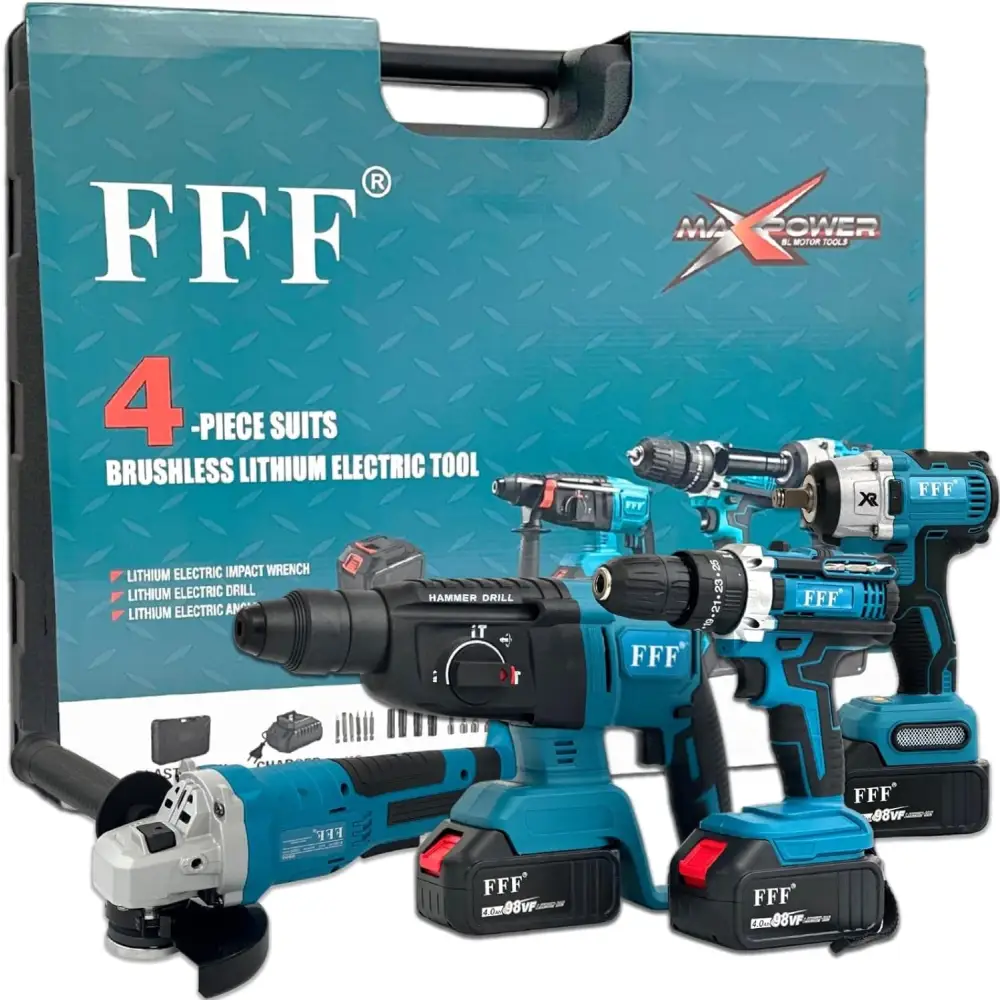 Kit Completo Professionale Fai da Te 4 in 1 con Trapano Avvitatore a Batteria, Trapano a Percussione, Trapano a Martello e Avvitatore