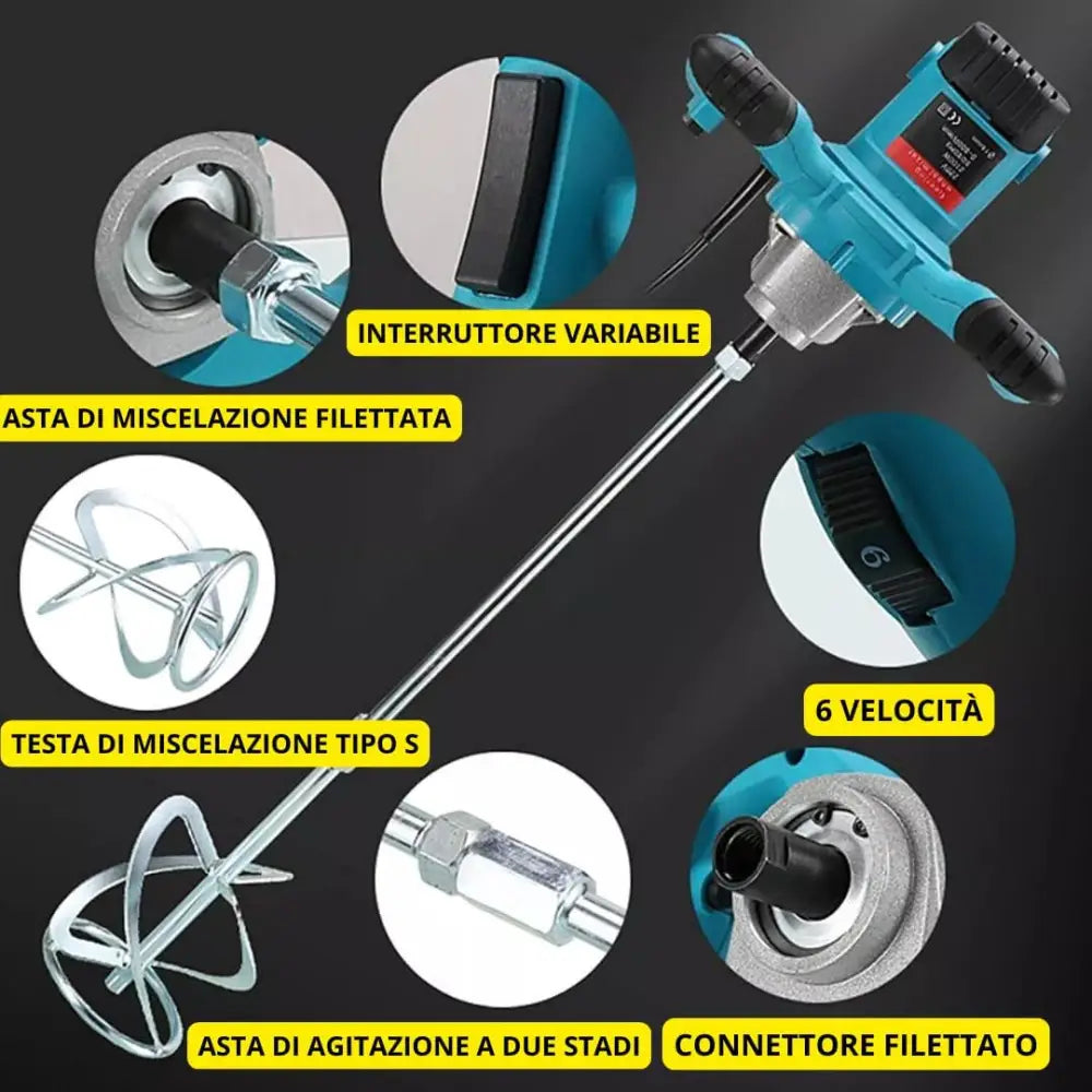 Kit Professionale 3 in 1 Miscelatore Malta e Cemento 1600W 6 Velocità M14 + Livella Laser 4D 16 Linee Autolivellante + Avvitatore con 2 Batterie