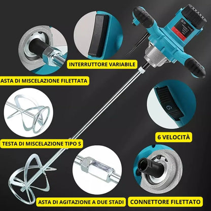 Kit Professionale 3 in 1 Miscelatore Malta e Cemento 1600W 6 Velocità M14 + Livella Laser 4D 16 Linee Autolivellante + Avvitatore con 2 Batterie