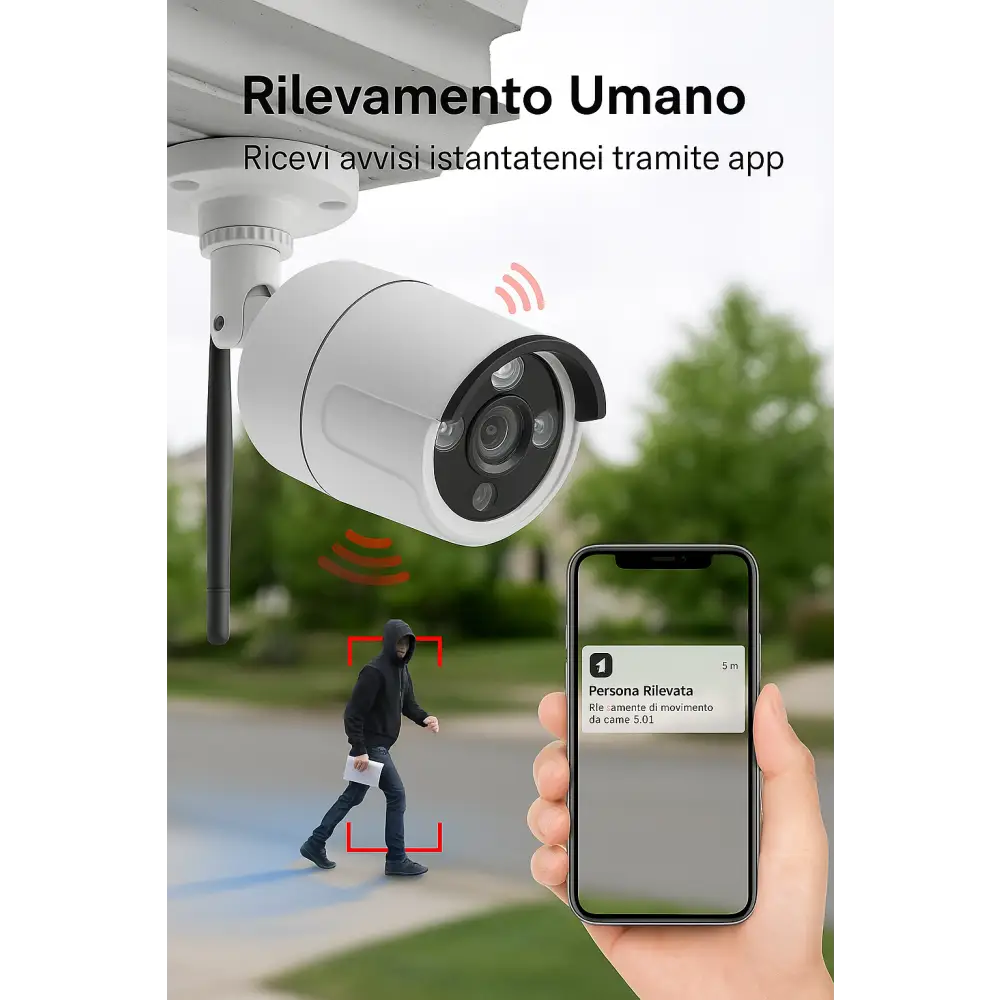 Kit Videosorveglianza Wireless, HD 4 Telecamere WiFi, Sistema IP Remoto con NVR, Supporto 5G e Connessione LAN, Sistema di Sorveglianza con Rivelazione Movimento.