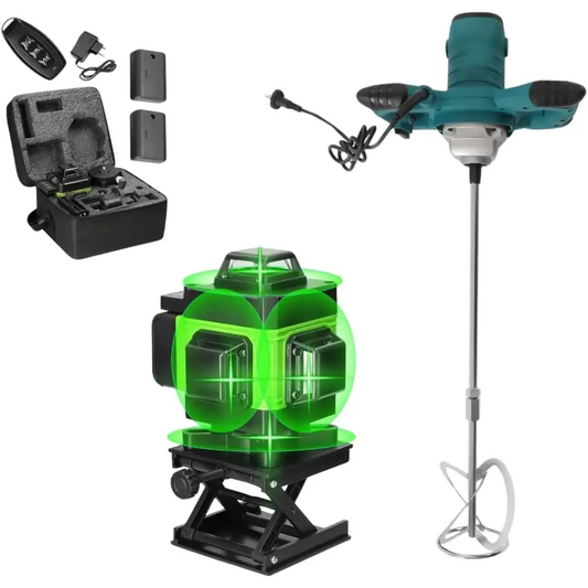 Miscelatore per Malta e Cemento 1600W con 6 Velocità e Attacco M14 + Livella Laser 4D a 16 Linee con Raggio Verde Autolivellante, Kit Professionale 2 in 1.
