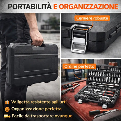 Set Chiavi a Bussola con Cricchetto Professionale 108 Pezzi 1/4” + 1/2” con Valigetta Portatile.