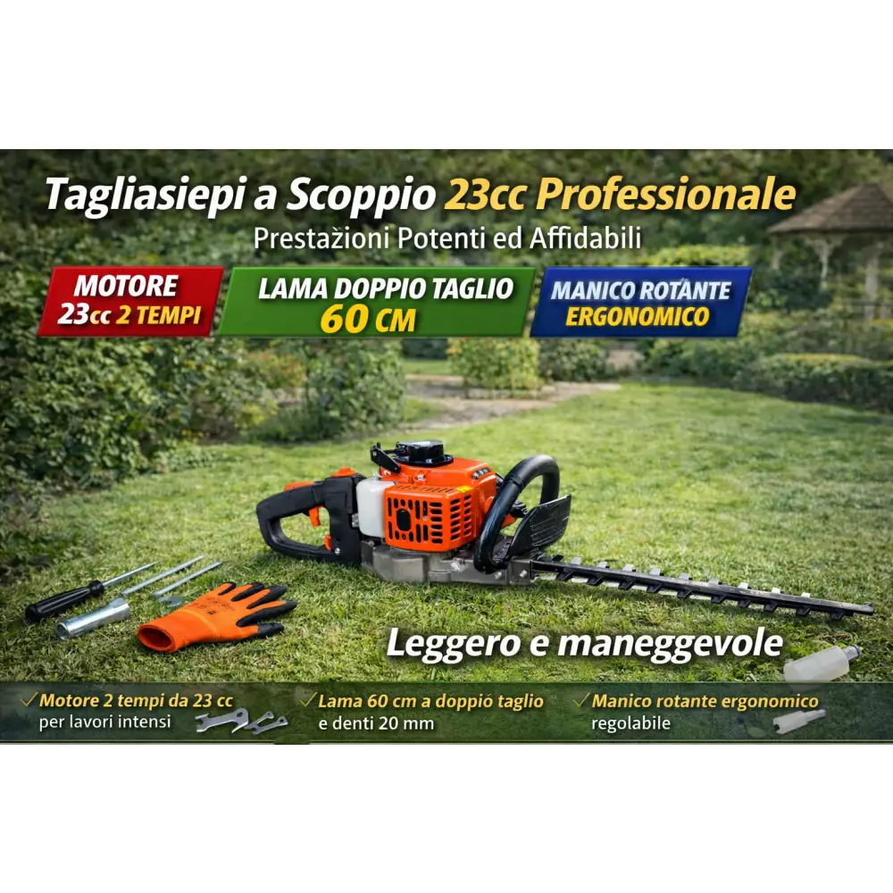 Tagliasiepi a Scoppio 23cc Professionale, Lama 60 cm, Manico Rotante, Leggero e Potente