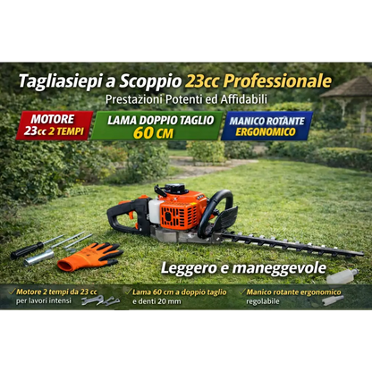 Tagliasiepi a Scoppio 23cc Professionale, Lama 60 cm, Manico Rotante, Leggero e Potente