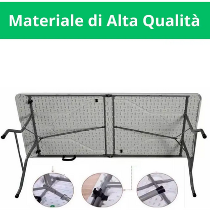 Tavolo Pieghevole Rettangolare, 180x75x74 cm in HDPE, Tavolo Valigetta Salvaspazio da Giardino, Campeggio, Picnic, Fiera e Mercato, Richiudibile in Dura Resina