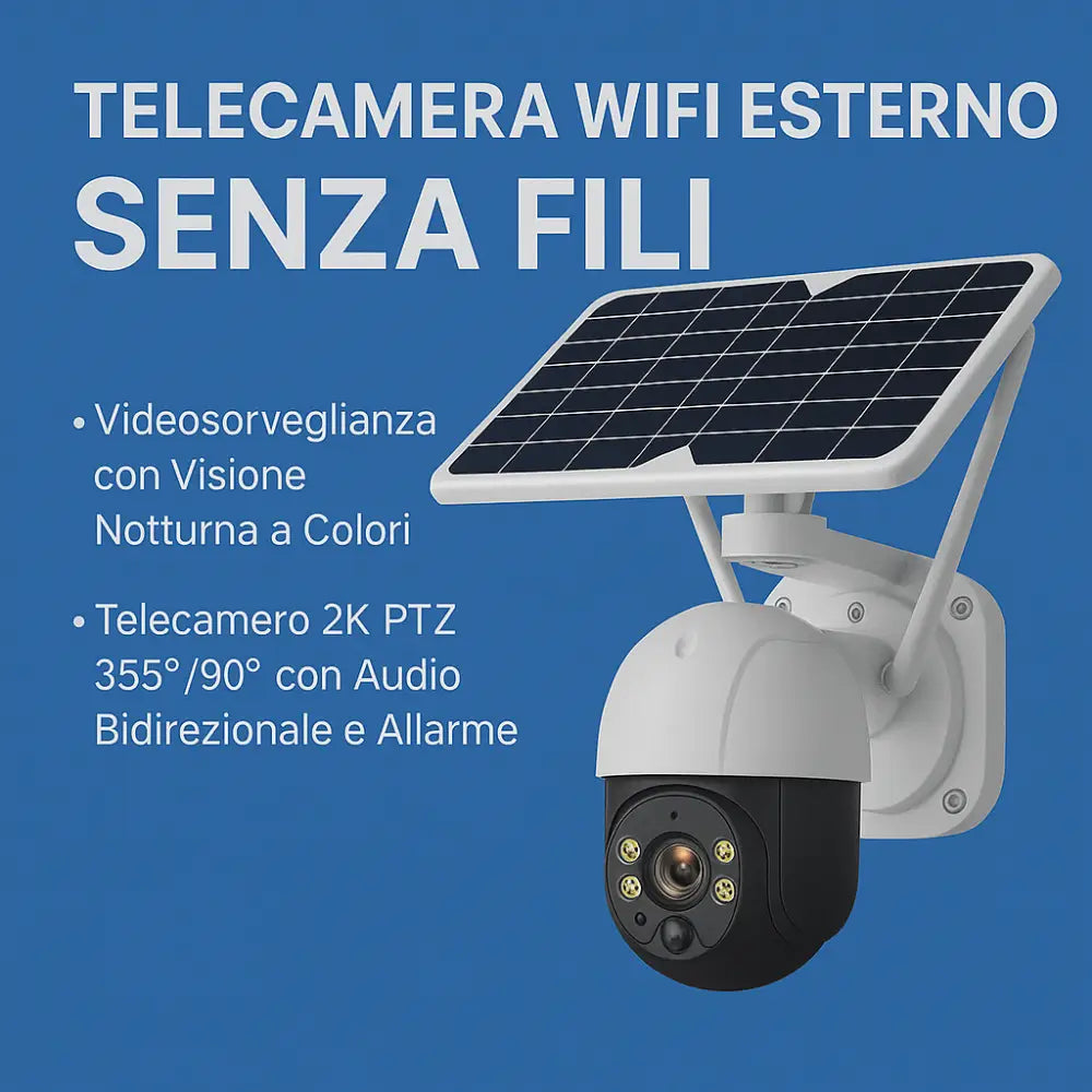 Telecamera Wifi Esterno Senza Fili con Pannello Solare, Videosorveglianza con Visione Notturna a Colori, Telecamera 2K Ptz 355°/90° con Audio Bidirezionale e Allarme