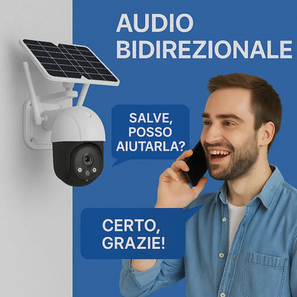 Telecamera Wifi Esterno Senza Fili con Pannello Solare, Videosorveglianza con Visione Notturna a Colori, Telecamera 2K Ptz 355°/90° con Audio Bidirezionale e Allarme