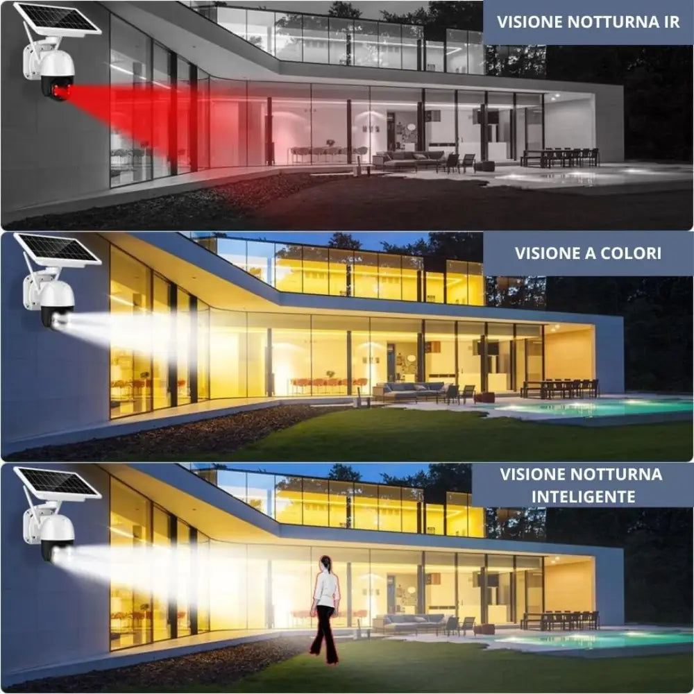 Telecamera Wifi Esterno Senza Fili con Pannello Solare, Videosorveglianza con Visione Notturna a Colori, Telecamera 2K Ptz 355°/90° con Audio Bidirezionale e Allarme