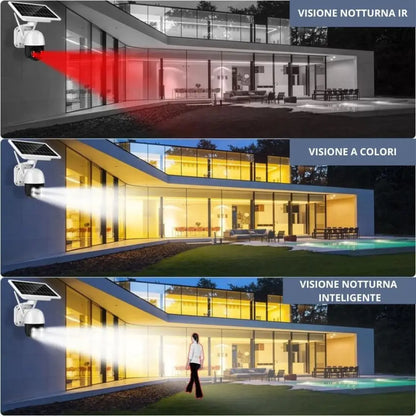 Telecamera Wifi Esterno Senza Fili con Pannello Solare, Videosorveglianza con Visione Notturna a Colori, Telecamera 2K Ptz 355°/90° con Audio Bidirezionale e Allarme